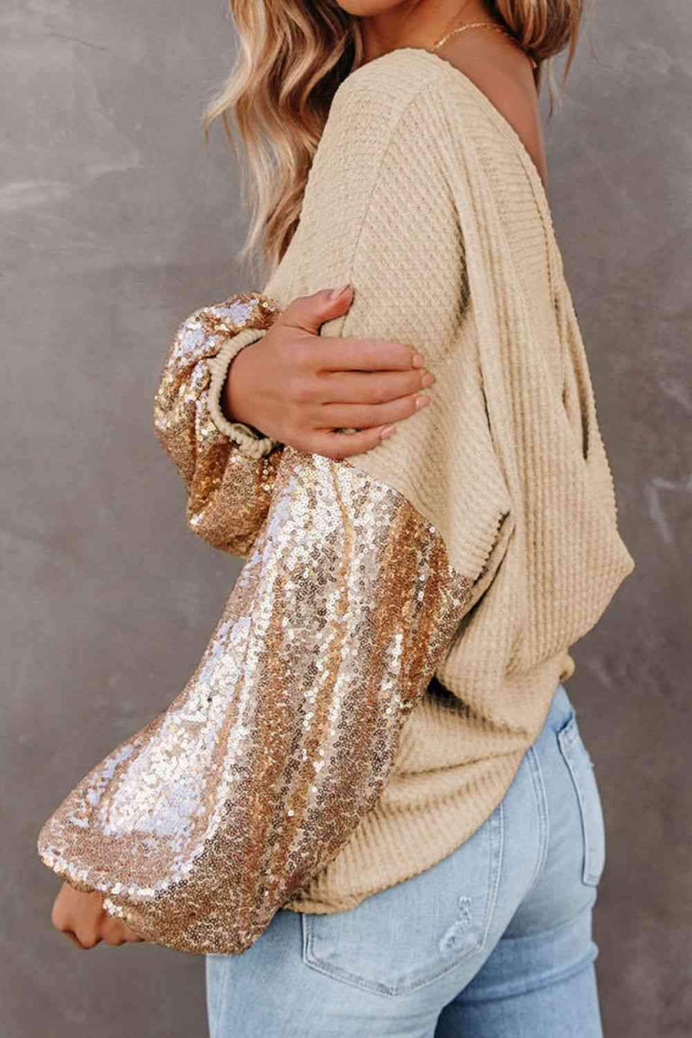 Sequin Waffle-Knit Blouse Sand Blouses - Tophatter Daily Deals