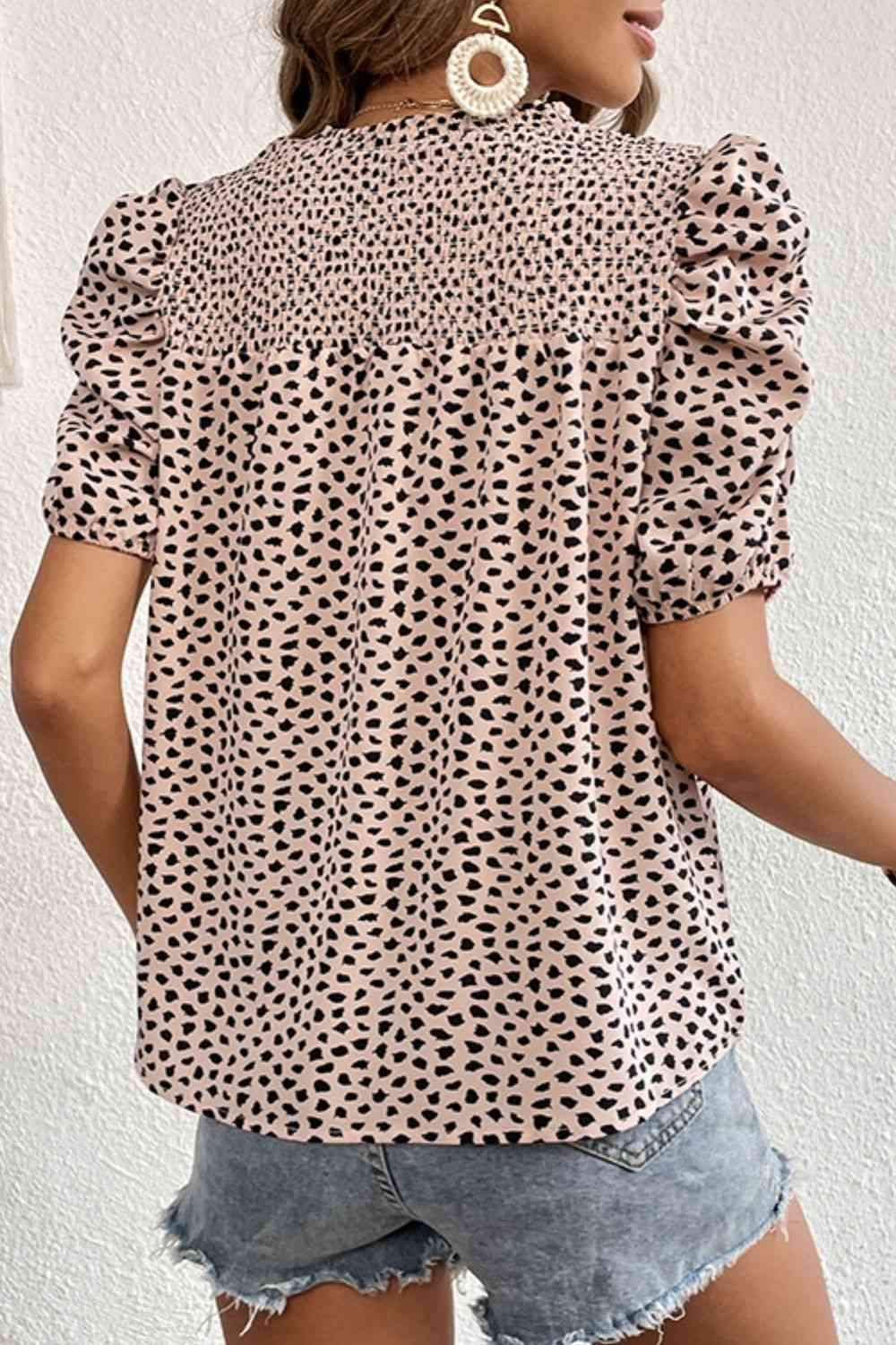 Printed Smocked Puff Sleeve Blouse Blouses - Tophatter Daily Deals