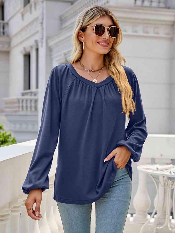 V-Neck Long Sleeve Blouse Peacock Blue Blouses - Tophatter Daily Deals