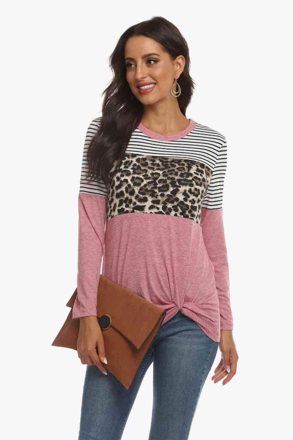 Mixed Print Gathered Detail Long Sleeve Top Dusty Pink Blouses - Tophatter Daily Deals