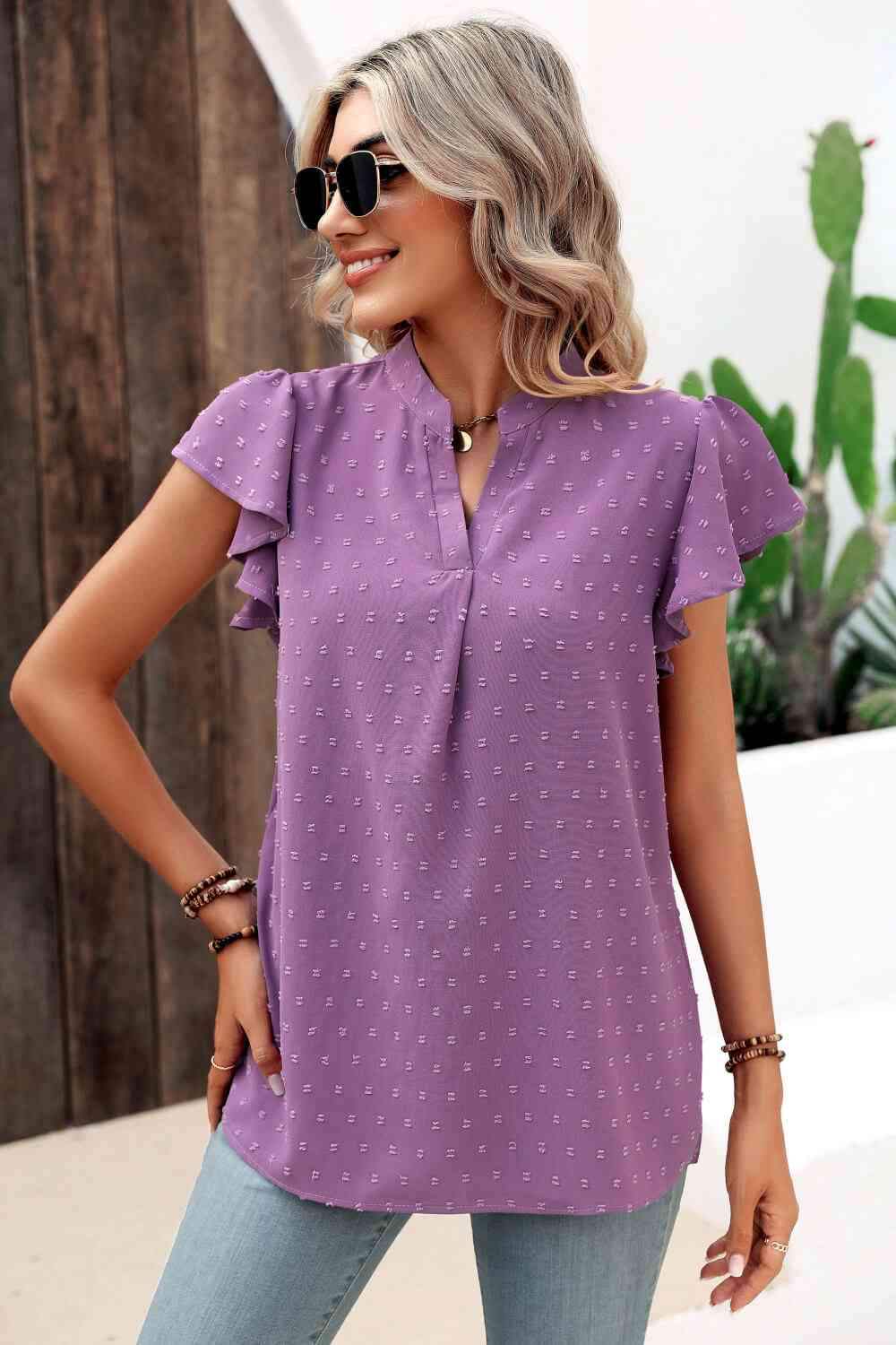 Swiss Dot Flutter Sleeve Notched Neck Blouse Blouses - Tophatter Daily Deals