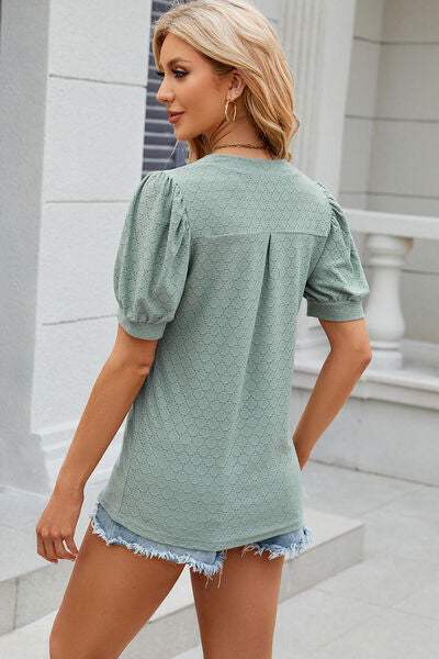 Eyelet Notched Puff Sleeve T-Shirt Women's T-Shirts - Tophatter Daily Deals