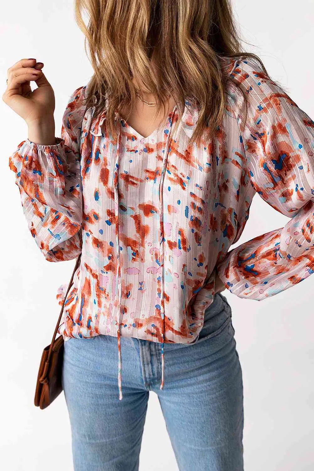 Printed Ruffled Balloon Sleeve Blouse Blouses - Tophatter Daily Deals