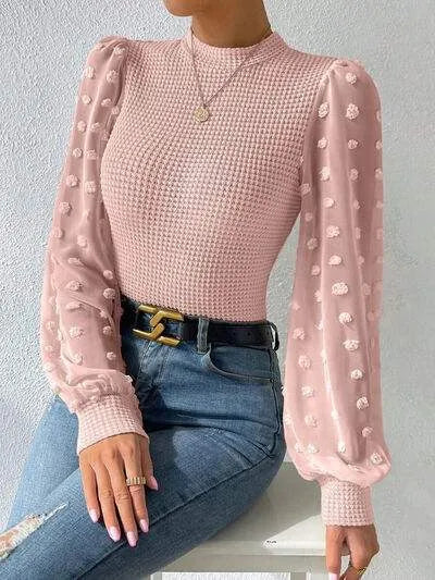 Swiss Dot Waffle-Knit Lantern Sleeve T-Shirt Women's T-Shirts - Tophatter Daily Deals