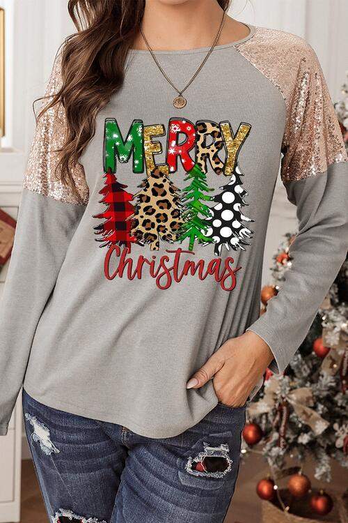 MERRY CHRISTMAS Sequin Round Neck Blouse Charcoal Blouses - Tophatter Daily Deals