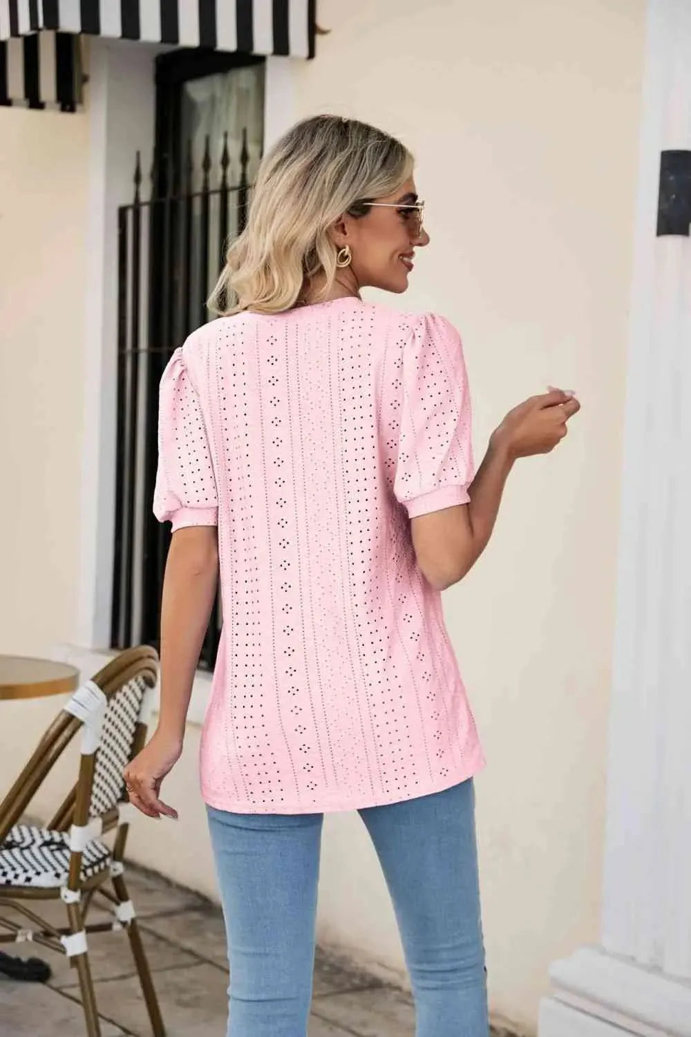 Eyelet Puff Sleeve V-Neck Top Blouses - Tophatter Daily Deals