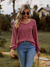 Round Neck Button-Down Long Sleeve Tee Deep Rose Women's T-Shirts - Tophatter Daily Deals