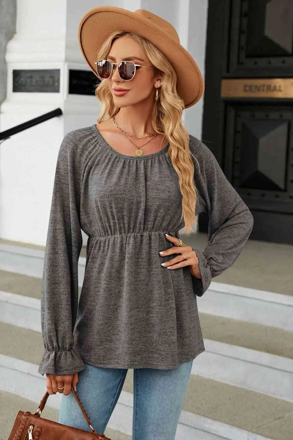 Round Neck Flounce Sleeve Blouse Blouses - Tophatter Daily Deals