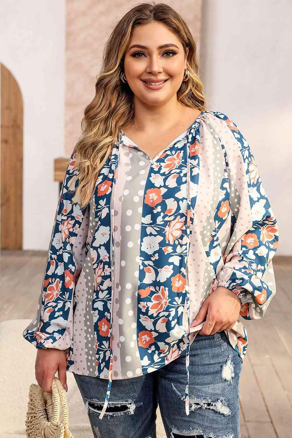 Plus Size Floral Tie Neck Blouse Multicolor Blouses - Tophatter Daily Deals