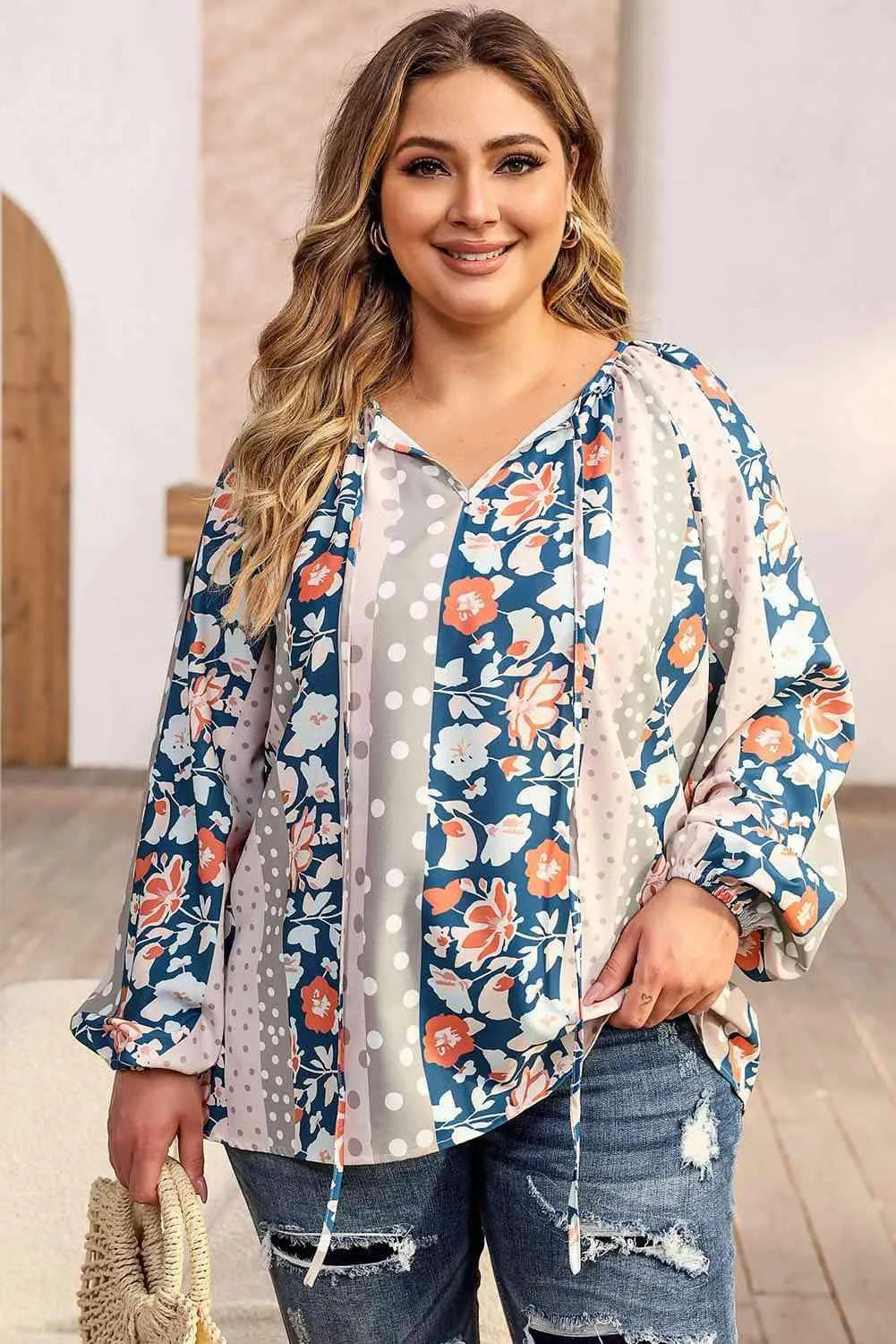 Plus Size Floral Tie Neck Blouse Blouses - Tophatter Daily Deals