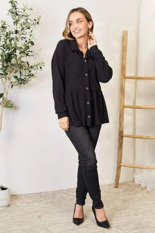 Heimish Full Size Waffle-Knit Button Down Blouse Blouses - Tophatter Daily Deals