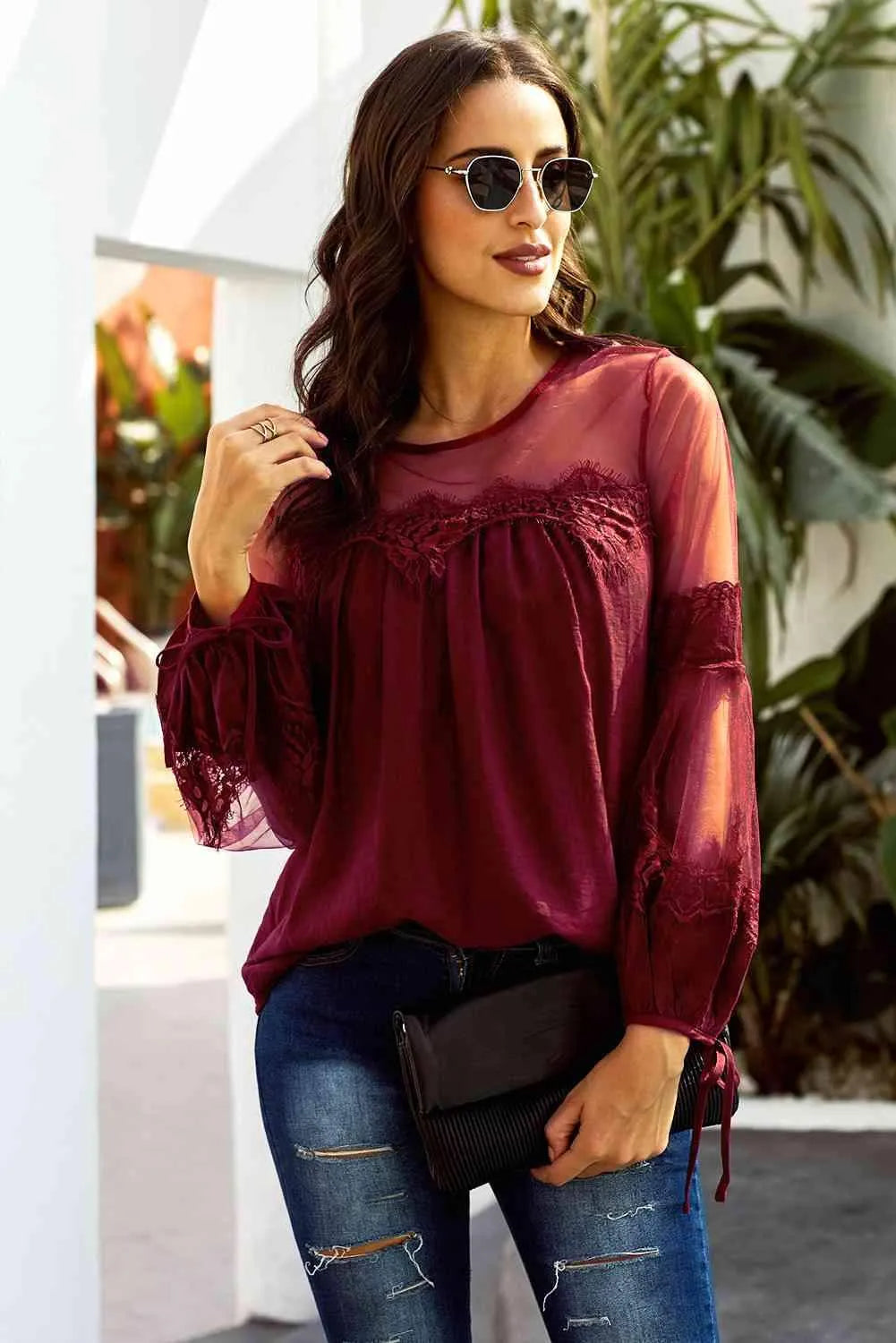 Tied Spliced Mesh Bubble Sleeve Blouse Blouses - Tophatter Daily Deals