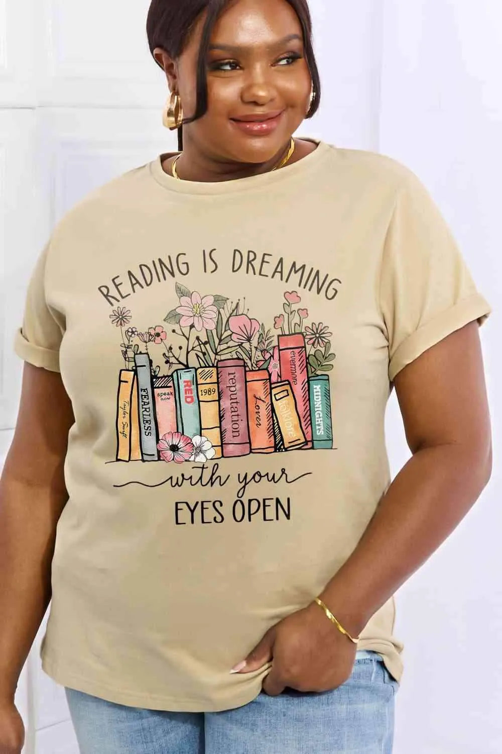 Simply Love Simply Love Full Size READING IS DREAMING WITH YOUR EYES OPEN Graphic Cotton Tee Women's T-Shirts - Tophatter Daily Deals