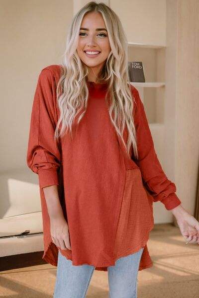 Contrast Texture Round Neck Long Sleeve Blouse Blouses - Tophatter Daily Deals