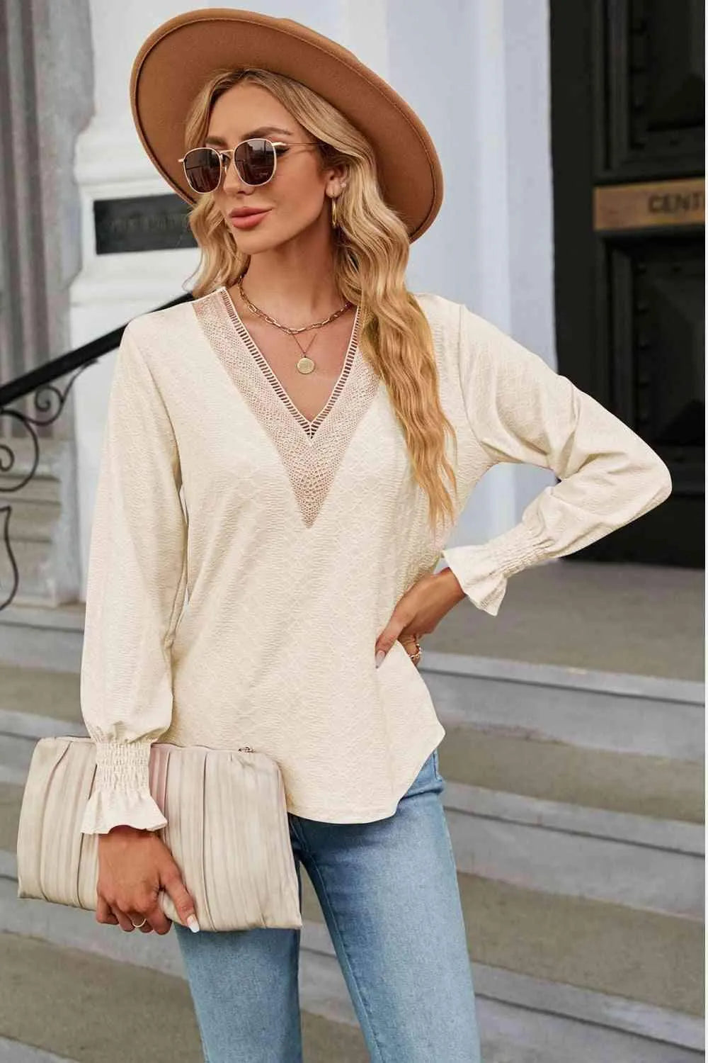 V-Neck Flounce Sleeve Blouse Blouses - Tophatter Daily Deals