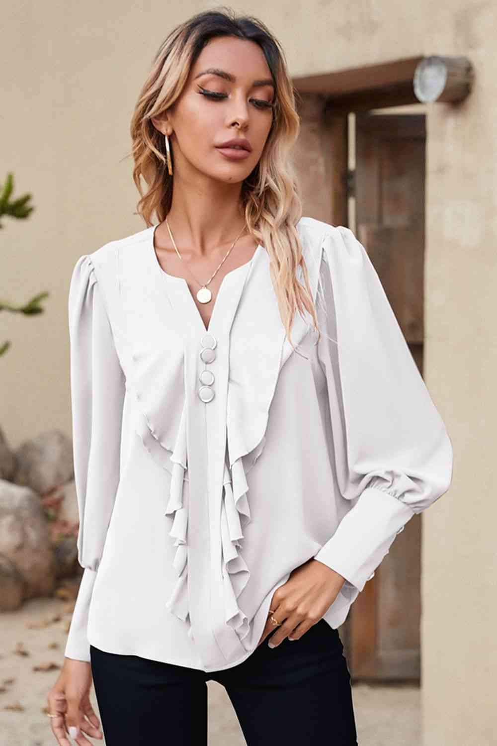 Notched Neck Lantern Sleeve Ruffle Trim Blouse Blouses - Tophatter Daily Deals