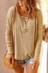 Waffle Knit Henley Long Sleeve Top Tan Blouses - Tophatter Daily Deals