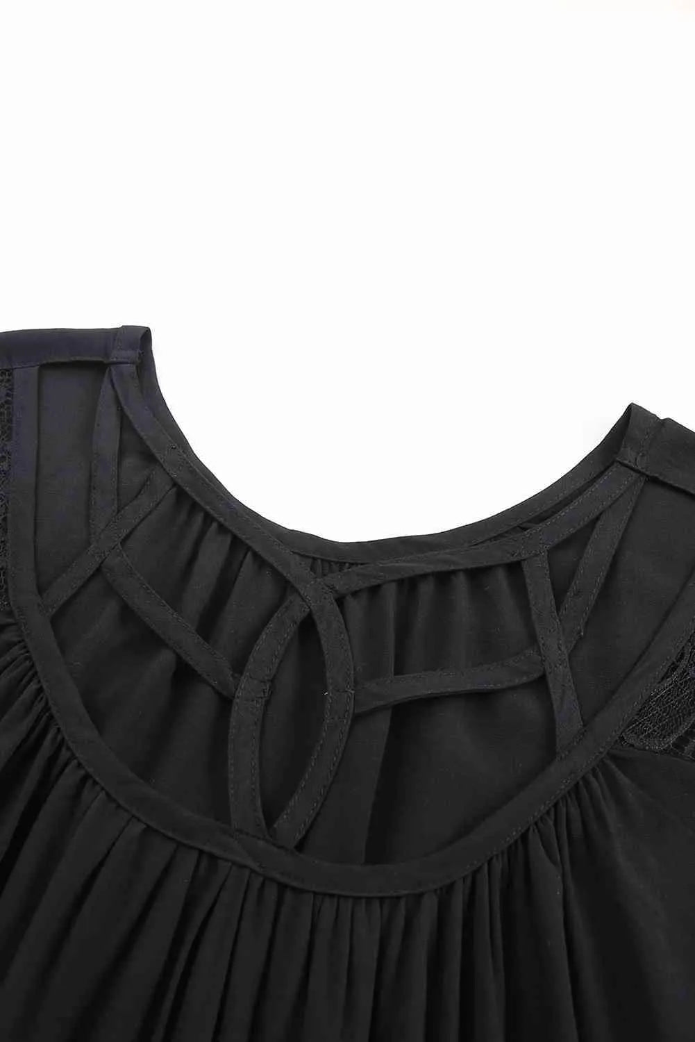 Strappy Neck Spliced Lace Eyelash Trim Blouse Blouses - Tophatter Daily Deals