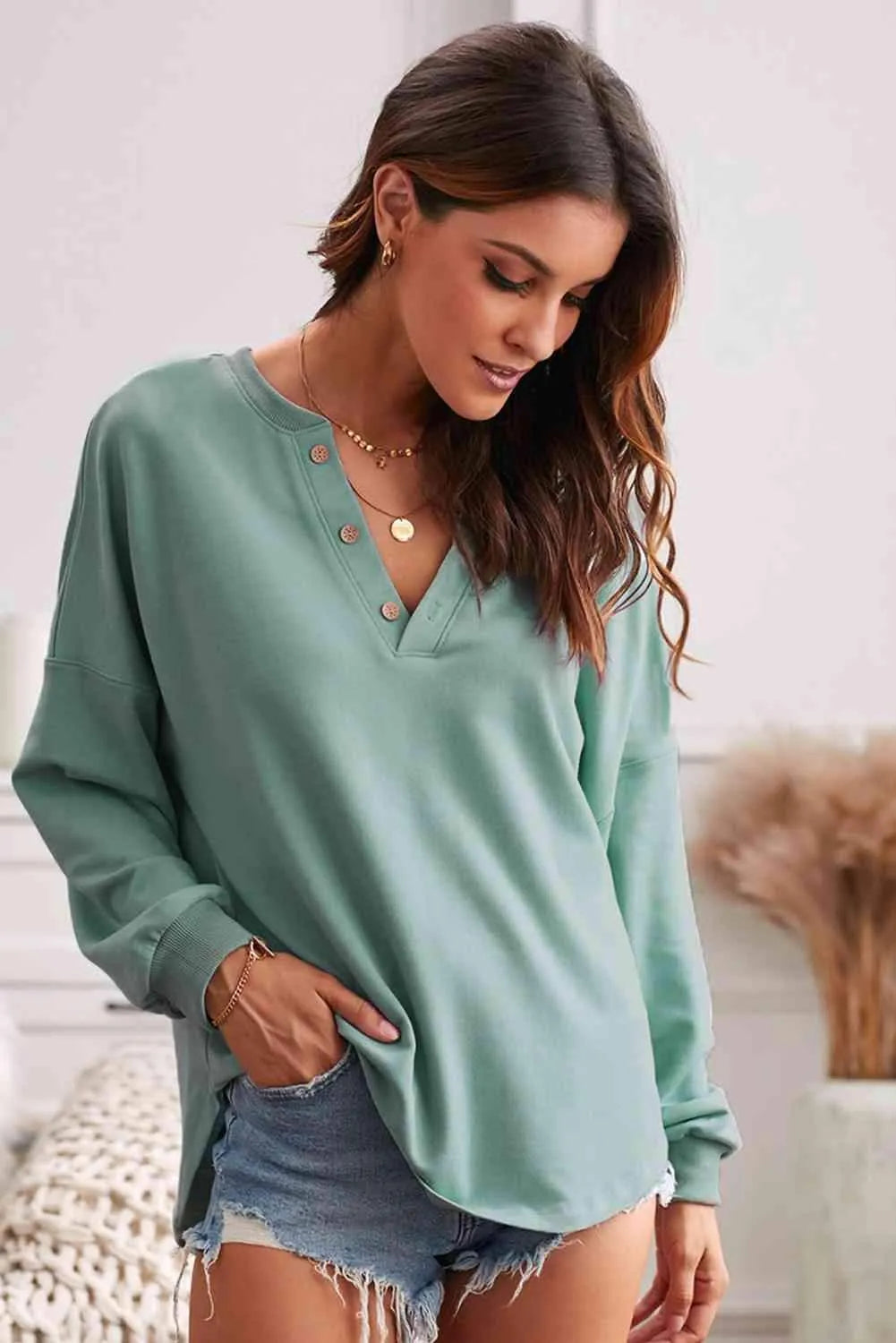 Button Detail Curved Hem Top Blouses - Tophatter Daily Deals