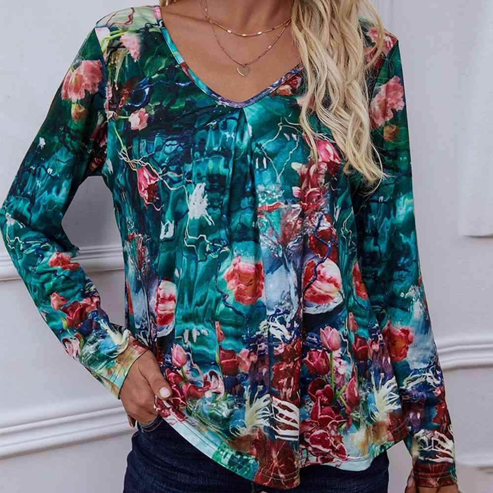 Printed V-Neck Long Sleeve Blouse Floral Blouses - Tophatter Daily Deals