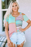 Patchwork Round Neck Cold Shoulder T-Shirt Women's T-Shirts - Tophatter Daily Deals