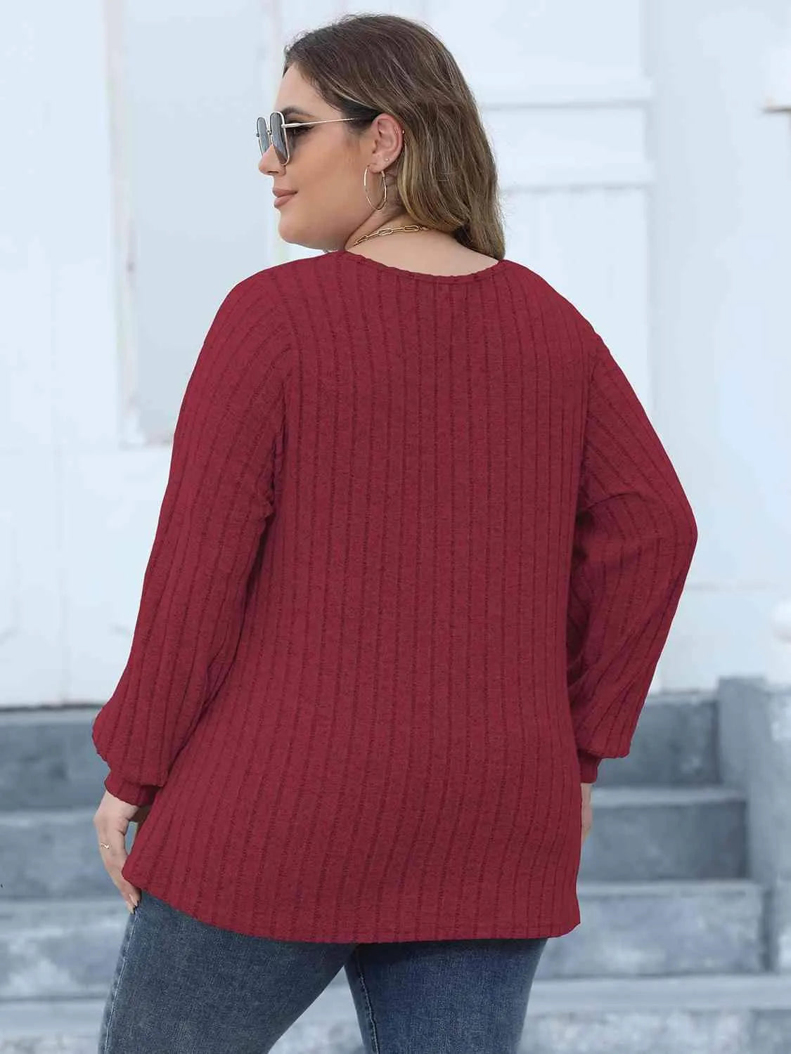 Plus Size Ribbed V-Neck Long Sleeve Top Women's T-Shirts - Tophatter Daily Deals