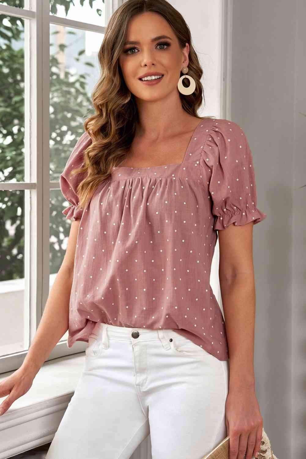 Polka Dot Square Neck Flounce Sleeve Top Blouses - Tophatter Daily Deals