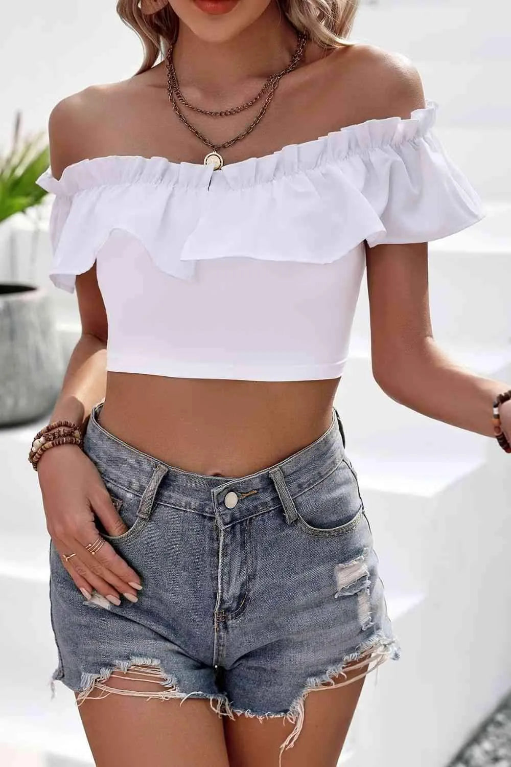 Off-Shoulder Ruffled Cropped Top Blouses - Tophatter Daily Deals