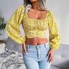 Ditsy Floral Crisscross Cropped Top Yellow Blouses - Tophatter Daily Deals