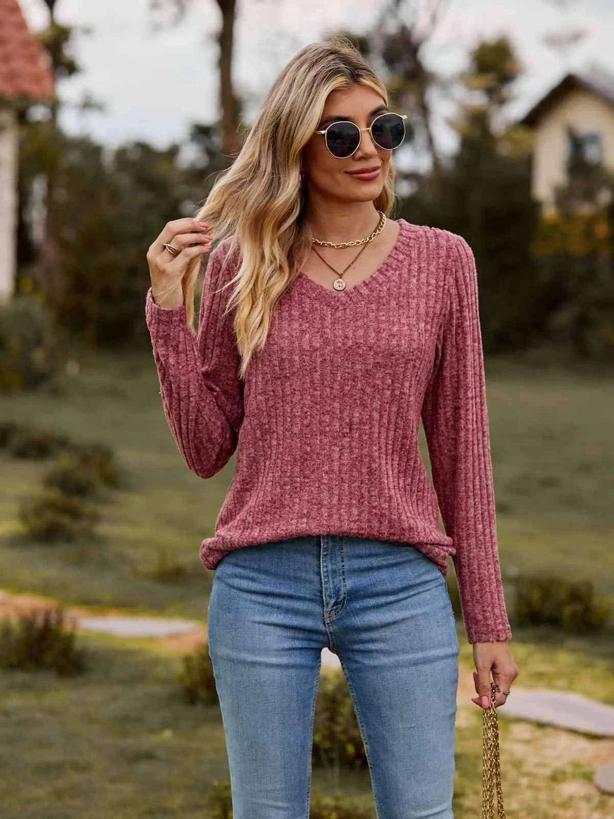 Ribbed V-Neck Long Sleeve Tee Women's T-Shirts - Tophatter Daily Deals
