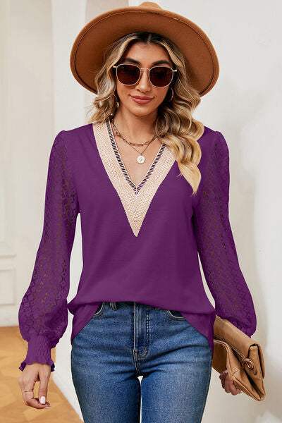 Openwork V-Neck Long Sleeve T-Shirt Women's T-Shirts - Tophatter Daily Deals