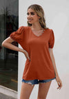 V-Neck Decorative Buttons Puff Sleeve Tee Women's T-Shirts - Tophatter Daily Deals