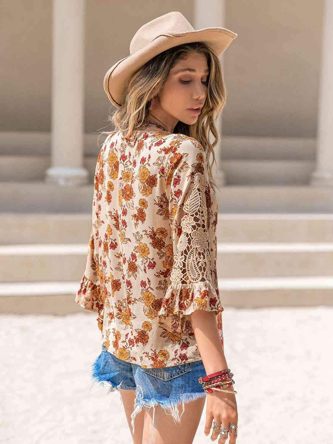 Floral V-Neck Spliced Lace Blouse Blouses - Tophatter Daily Deals