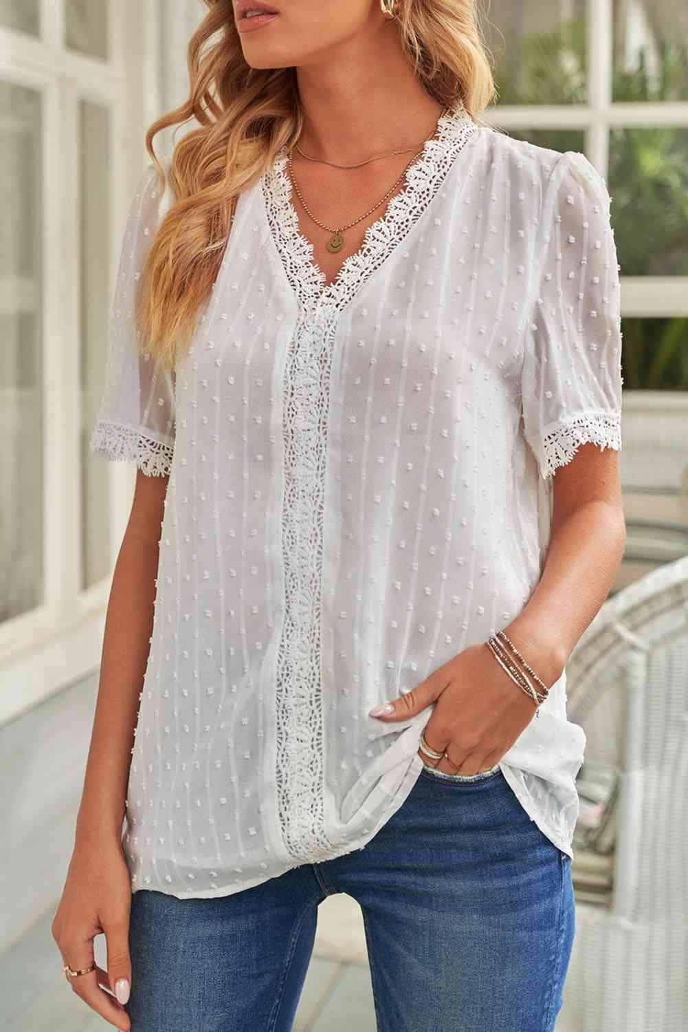 Swiss Dot Lace Trim Plunge Blouse Blouses - Tophatter Daily Deals