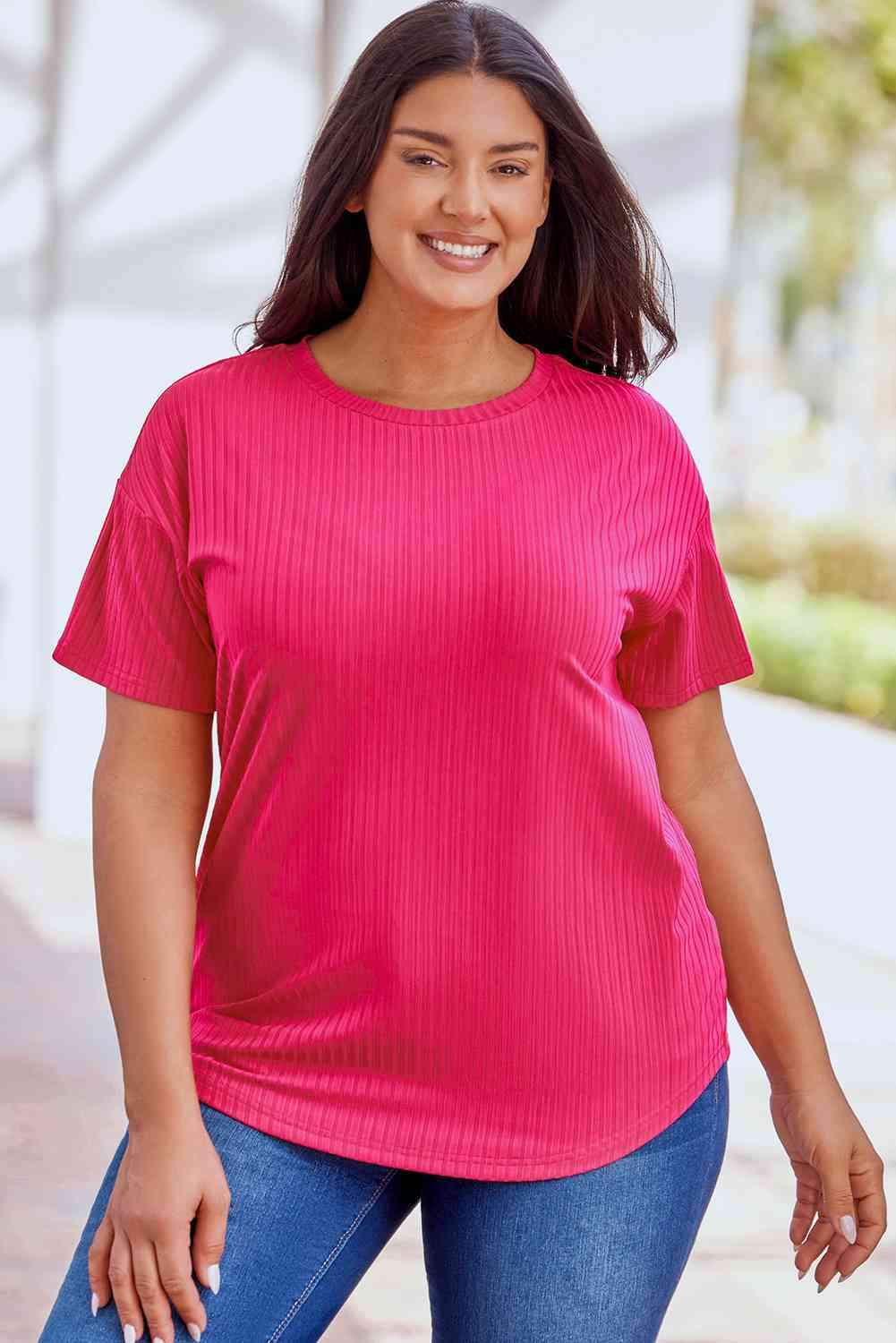 Ribbed Drop Shoulder Curved Hem Top Deep Rose Blouses - Tophatter Daily Deals