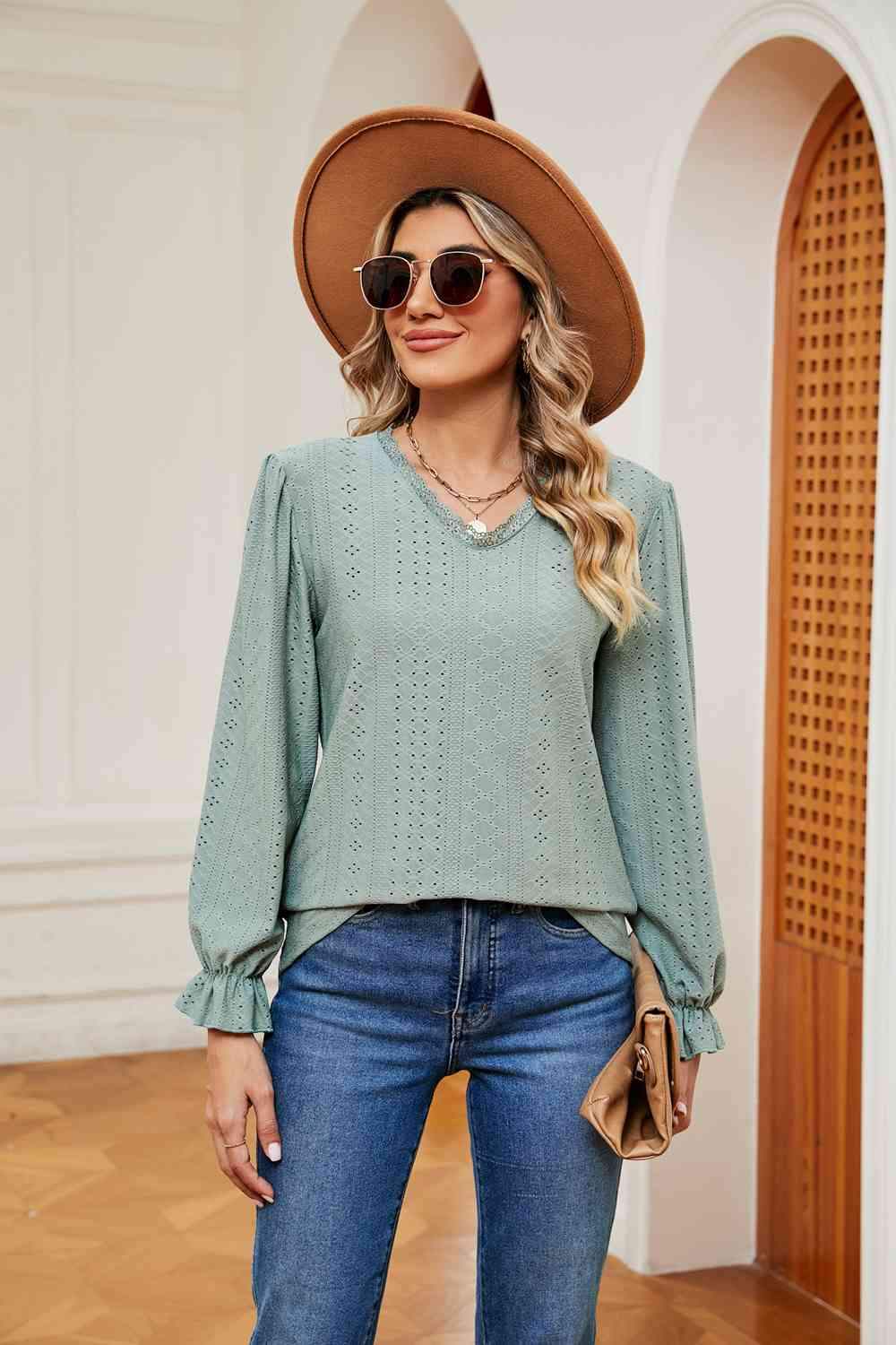 V-Neck Flounce Sleeve Blouse Gum Leaf Blouses - Tophatter Daily Deals