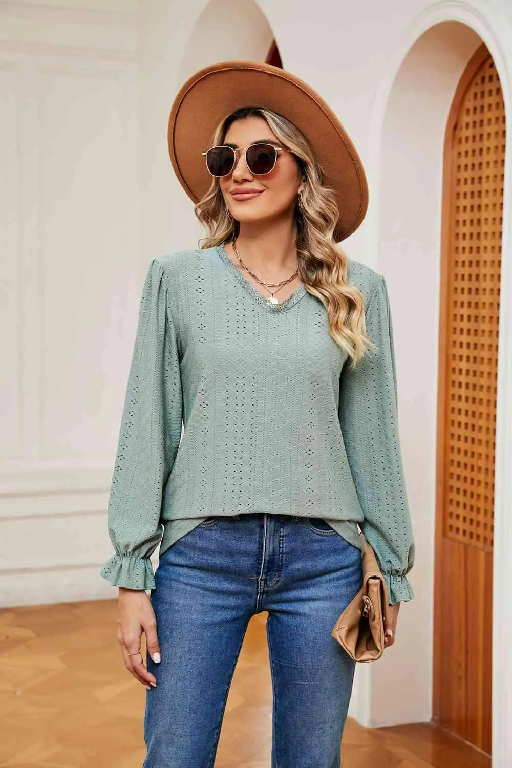 V-Neck Flounce Sleeve Blouse Gum Leaf Blouses - Tophatter Daily Deals