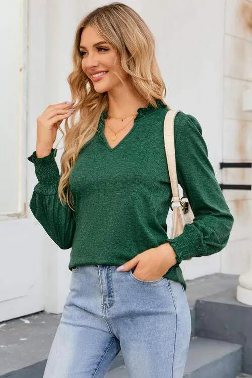 Frill Notched Neck Smocked Designed Long Sleeve Blouse Blouses - Tophatter Daily Deals
