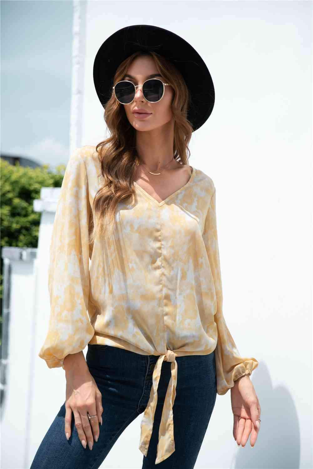 Tie-Dye Tied Balloon Sleeve Blouse Blouses - Tophatter Daily Deals