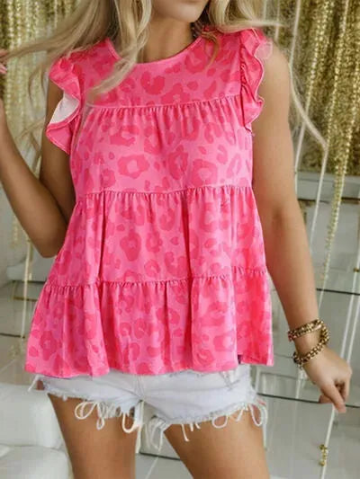 Ruffled Leopard Round Neck Tiered T-Shirt Women's T-Shirts - Tophatter Daily Deals