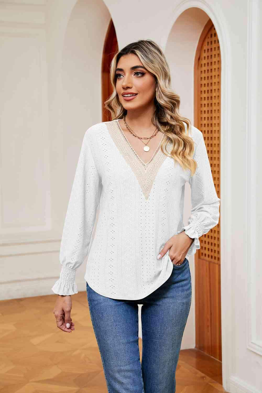 Contrast Flounce Sleeve Blouse White Blouses - Tophatter Daily Deals