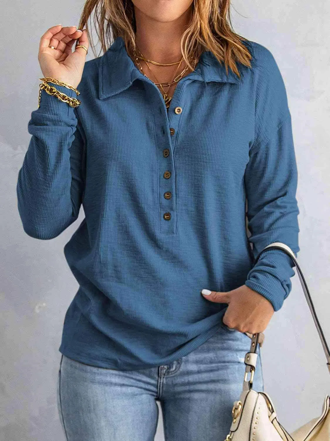 Collared Neck Half Button Top Blouses - Tophatter Daily Deals