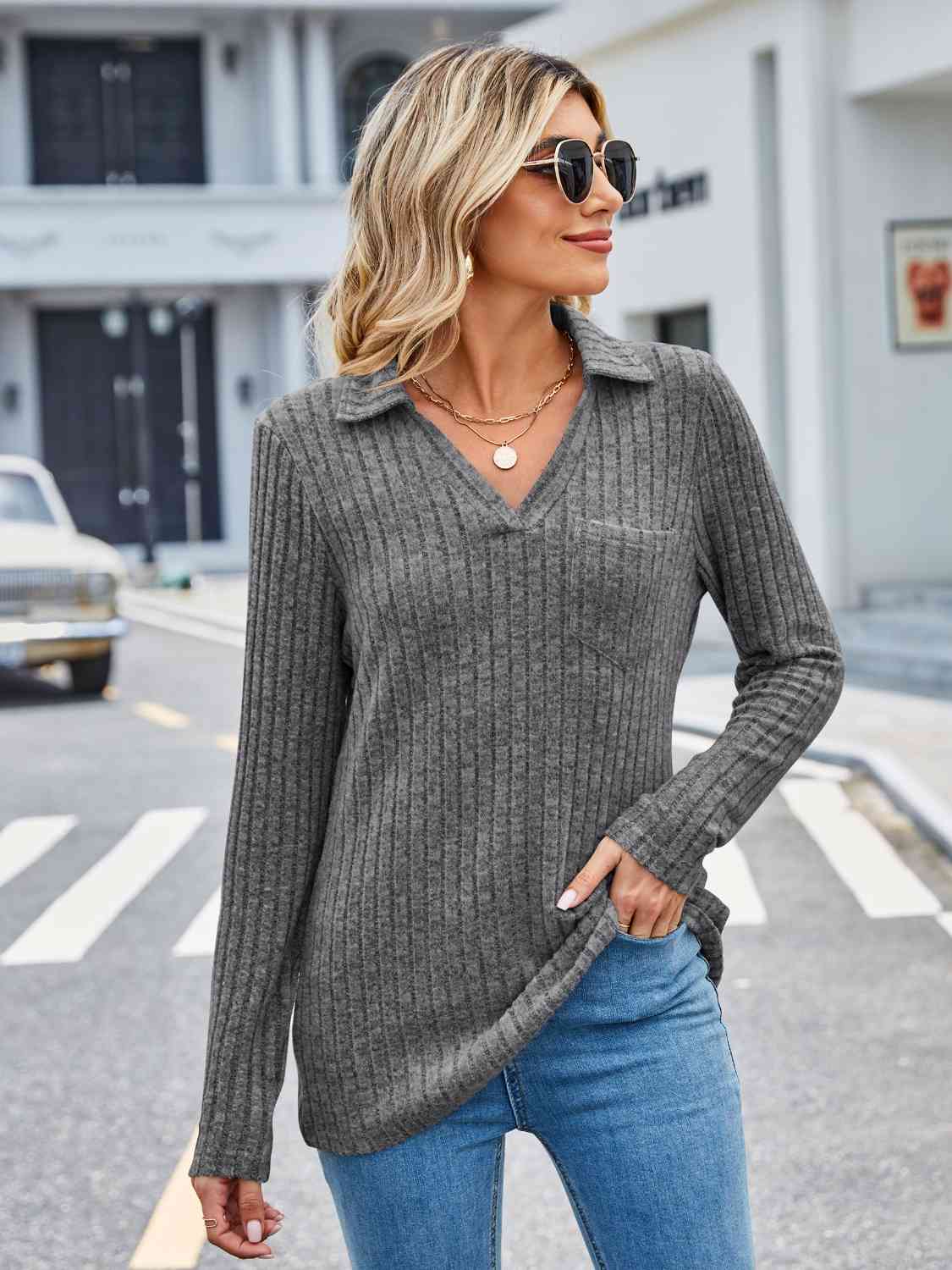 Ribbed Notched Long Sleeve T-Shirt with Pocket Heather Gray Women's T-Shirts - Tophatter Daily Deals