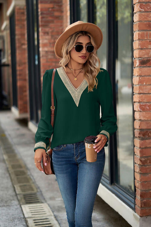 V-Neck Lace Detail Long Sleeve Top Green Women's T-Shirts - Tophatter Daily Deals