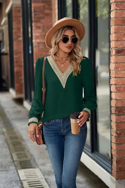 V-Neck Lace Detail Long Sleeve Top Green Women's T-Shirts - Tophatter Daily Deals