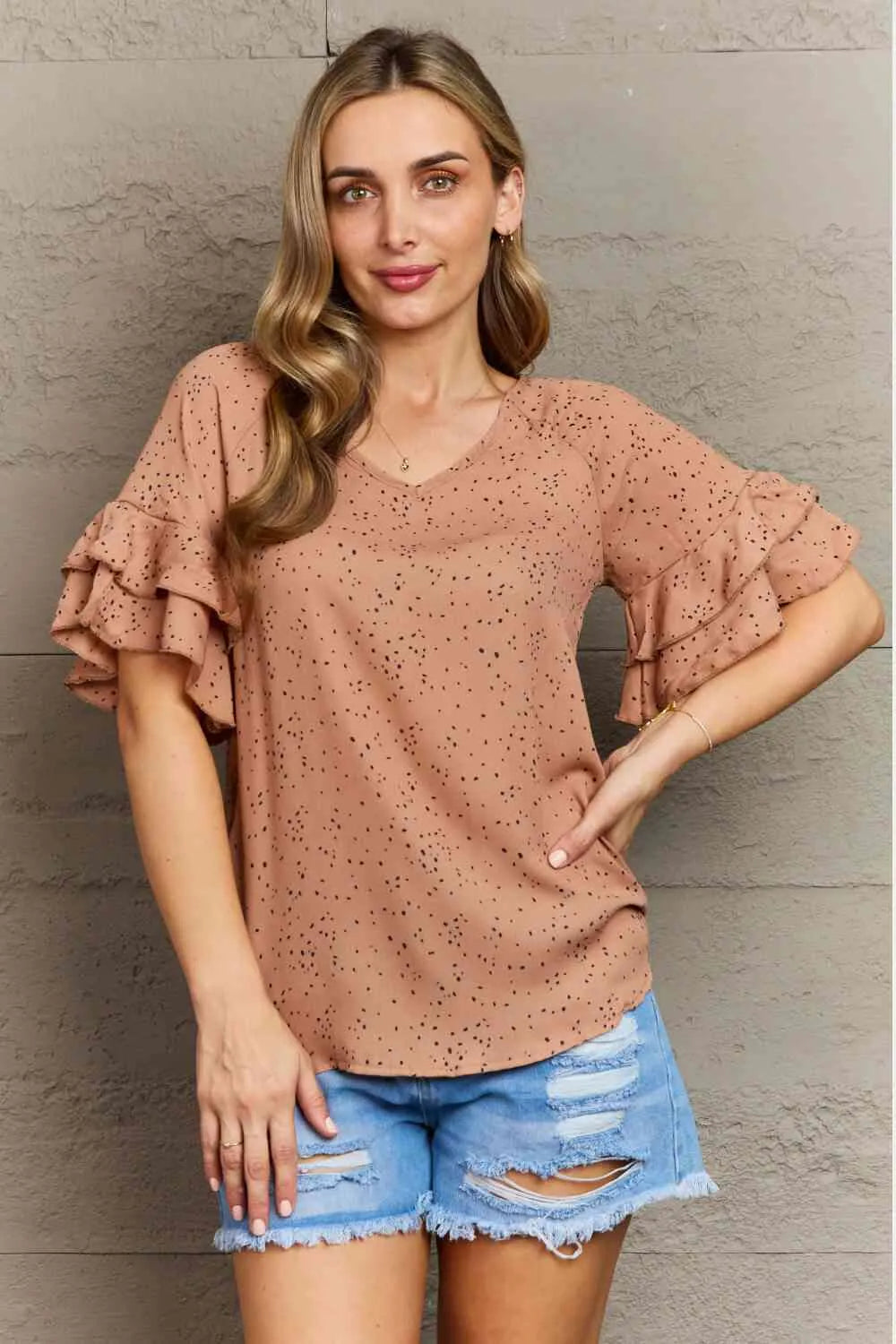 Hailey & Co Darling Delights Polka Dot Woven Top Tan Blouses - Tophatter Daily Deals