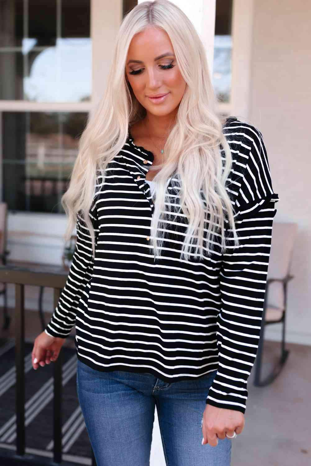 Striped Half Button Frill Trim Top Blouses - Tophatter Daily Deals