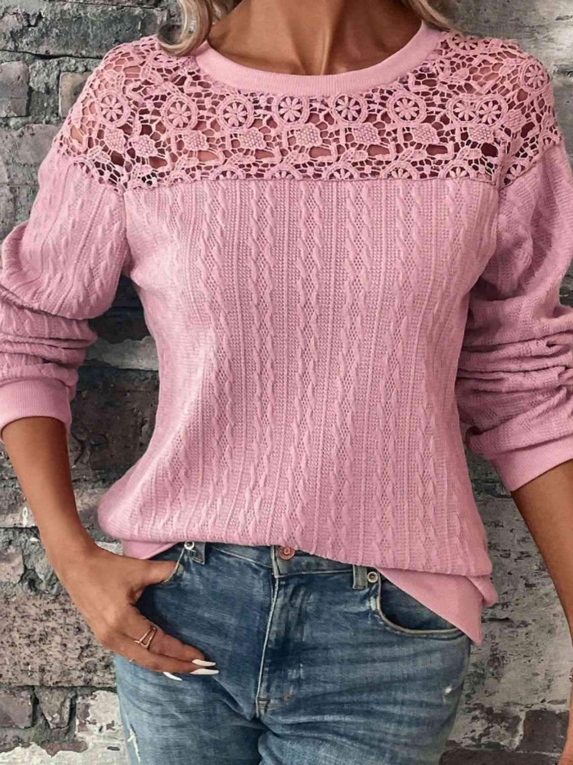 Lace Detail Round Neck Top Blouses - Tophatter Daily Deals