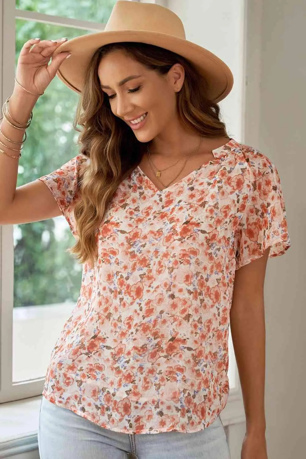 Floral Notched Neck Flutter Sleeve Blouse Blouses - Tophatter Daily Deals