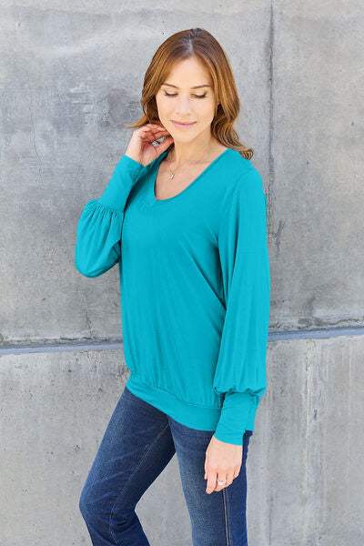 Basic Bae Full Size V-Neck Lantern Sleeve Blouse Blouses - Tophatter Daily Deals